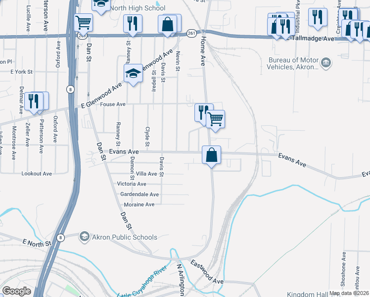 map of restaurants, bars, coffee shops, grocery stores, and more near 817 Nevin Street in Akron