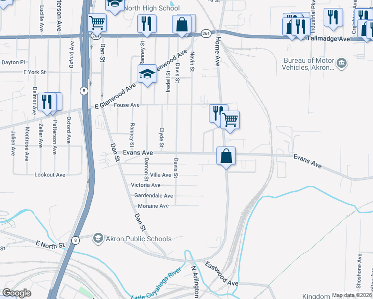 map of restaurants, bars, coffee shops, grocery stores, and more near 785 Davis Street in Akron