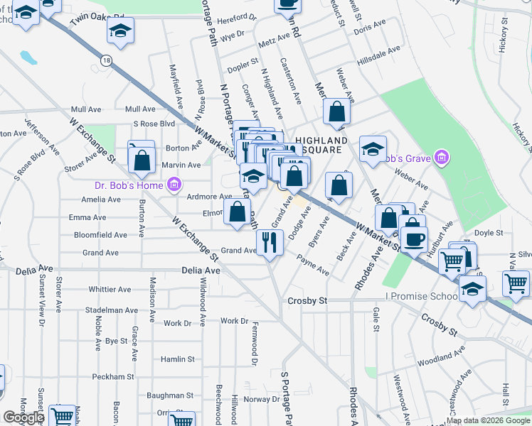 map of restaurants, bars, coffee shops, grocery stores, and more near 55 South Portage Path in Akron