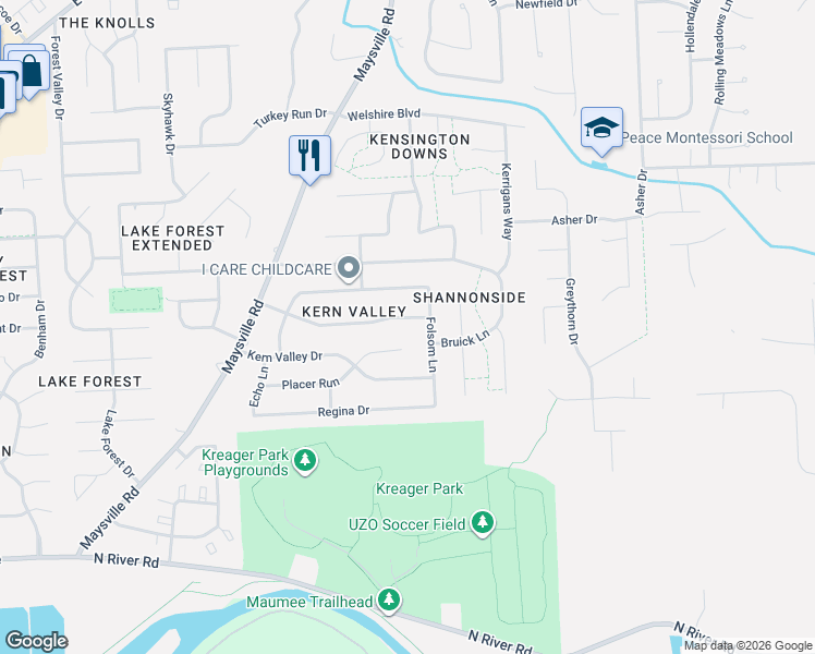 map of restaurants, bars, coffee shops, grocery stores, and more near 7705 Valley Meadows Drive in Fort Wayne