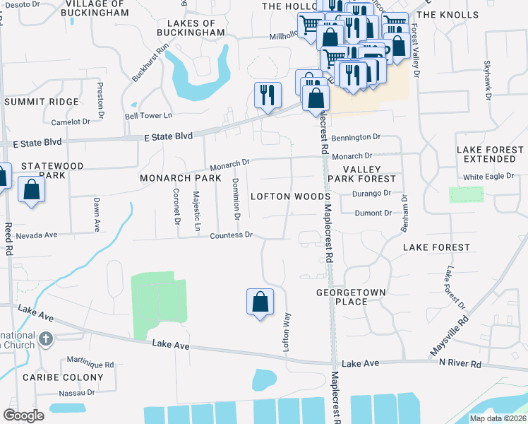 map of restaurants, bars, coffee shops, grocery stores, and more near 6026 Landover Pl in Fort Wayne