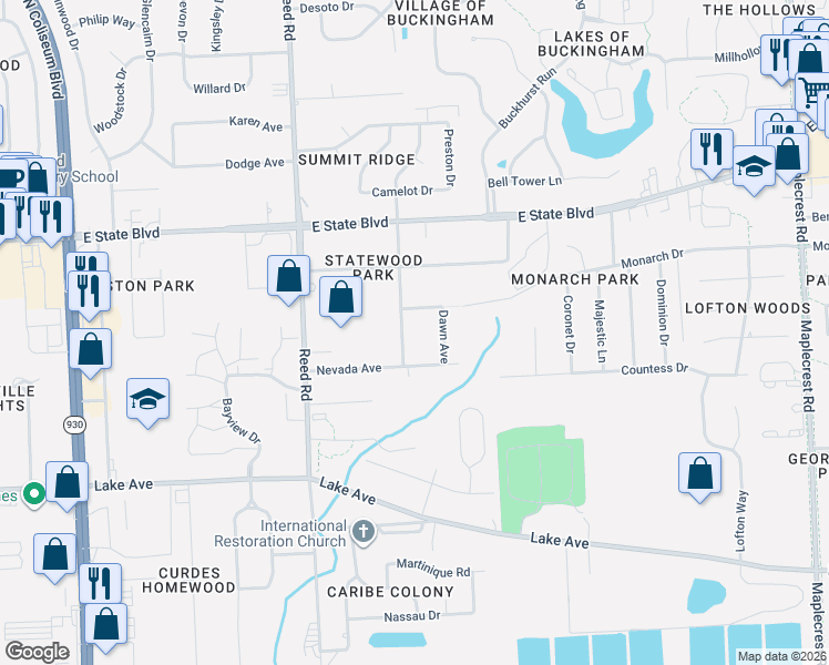 map of restaurants, bars, coffee shops, grocery stores, and more near 1836 Berkley Avenue in Fort Wayne