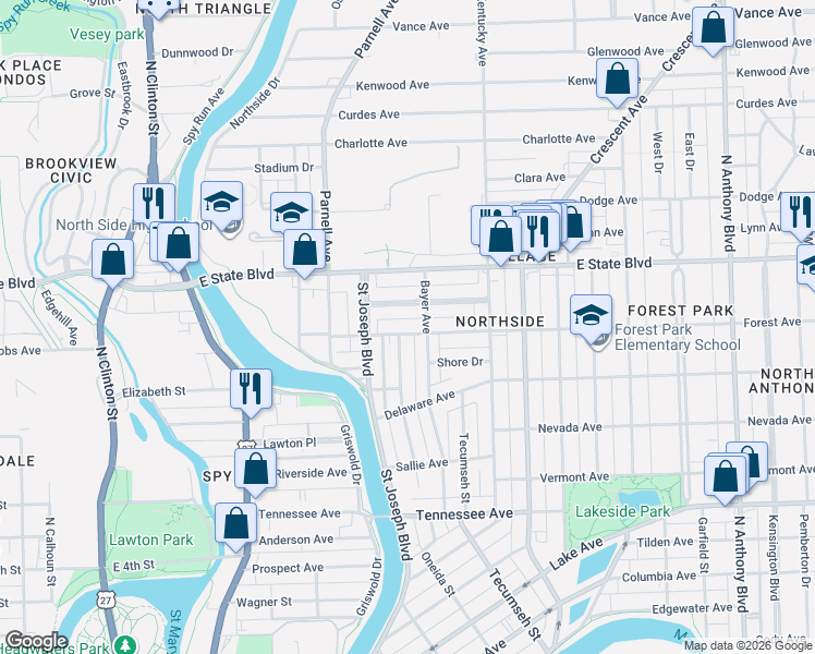 map of restaurants, bars, coffee shops, grocery stores, and more near 918 Northwood Boulevard in Fort Wayne