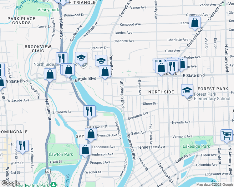 map of restaurants, bars, coffee shops, grocery stores, and more near 2130 Parnell Avenue in Fort Wayne