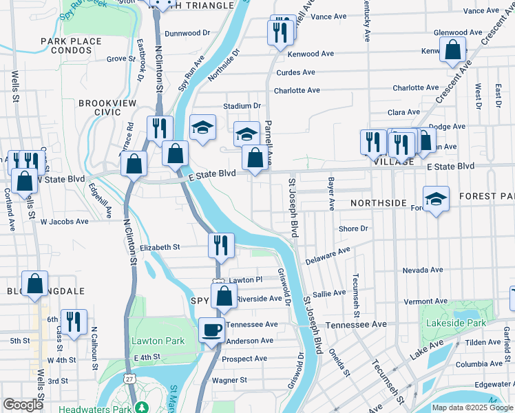 map of restaurants, bars, coffee shops, grocery stores, and more near 2122 Pleasant Avenue in Fort Wayne