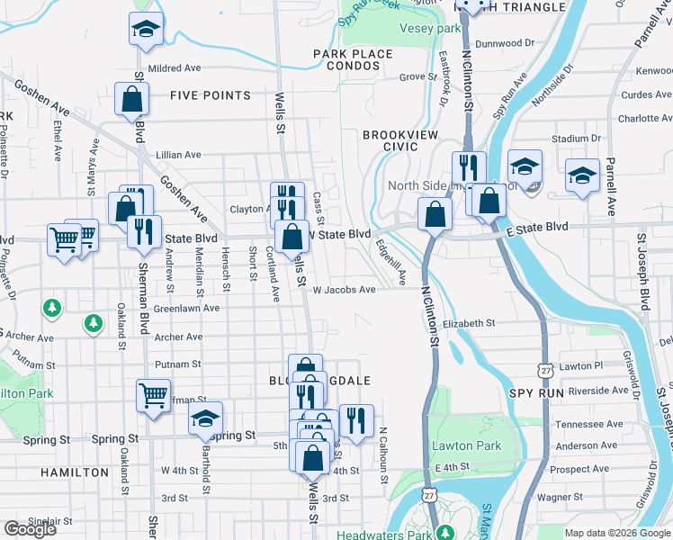 map of restaurants, bars, coffee shops, grocery stores, and more near 2210 Cass St in Fort Wayne