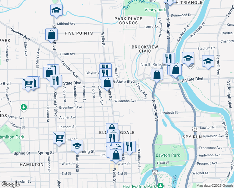 map of restaurants, bars, coffee shops, grocery stores, and more near 2210 North Wells Street in Fort Wayne