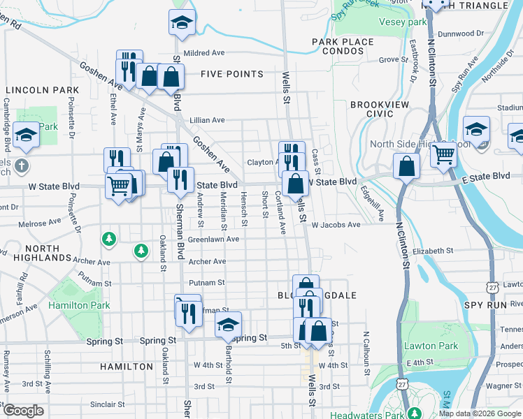 map of restaurants, bars, coffee shops, grocery stores, and more near 614 Florence Avenue in Fort Wayne