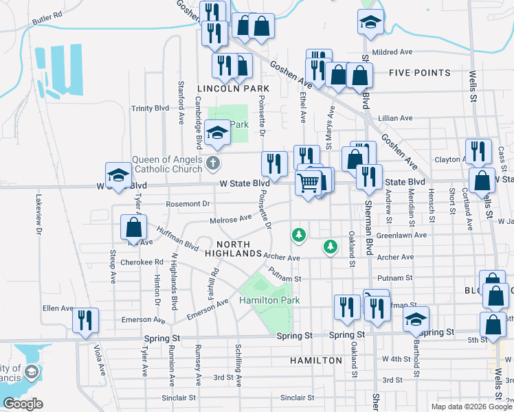 map of restaurants, bars, coffee shops, grocery stores, and more near 1416 Rosemont Drive in Fort Wayne