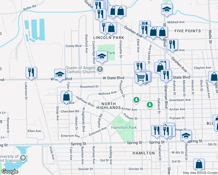 map of restaurants, bars, coffee shops, grocery stores, and more near 1602 Rosemont Drive in Fort Wayne