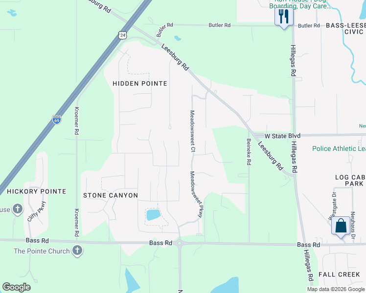 map of restaurants, bars, coffee shops, grocery stores, and more near 2235 Meadowsweet Court in Fort Wayne