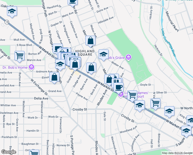 map of restaurants, bars, coffee shops, grocery stores, and more near 37 Marshall Avenue in Akron
