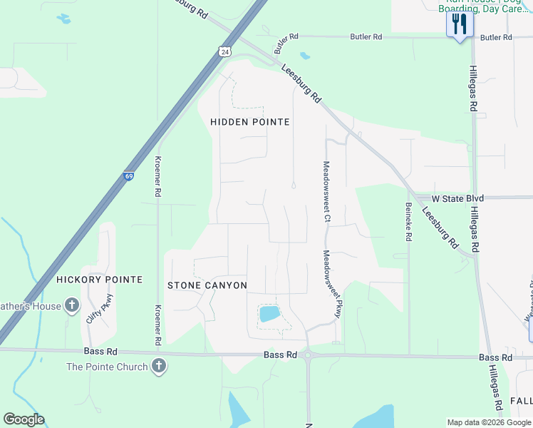 map of restaurants, bars, coffee shops, grocery stores, and more near 2225 Morgan Creek Drive in Fort Wayne