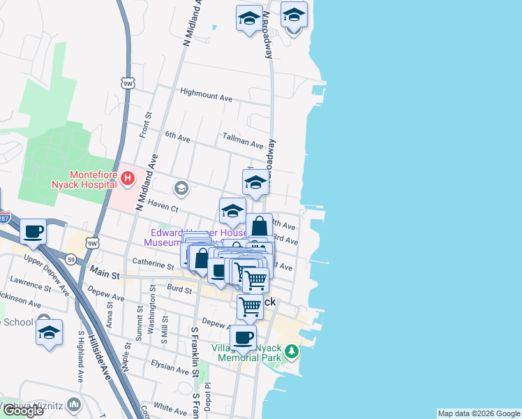 map of restaurants, bars, coffee shops, grocery stores, and more near 144 North Broadway in Nyack