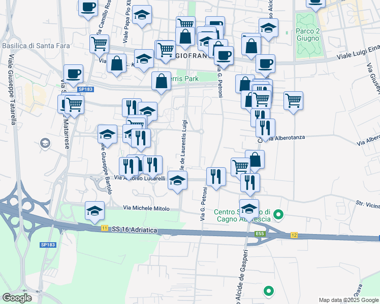 map of restaurants, bars, coffee shops, grocery stores, and more near 24 Viale de Laurentis Luigi in Bari