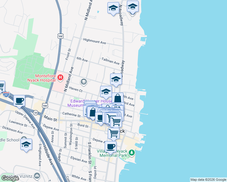 map of restaurants, bars, coffee shops, grocery stores, and more near 76 Marion Street in Nyack