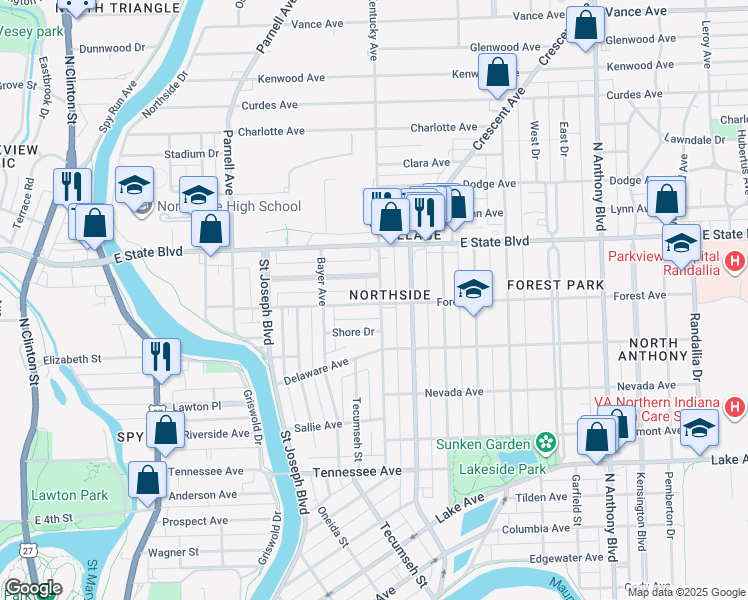map of restaurants, bars, coffee shops, grocery stores, and more near in Fort Wayne