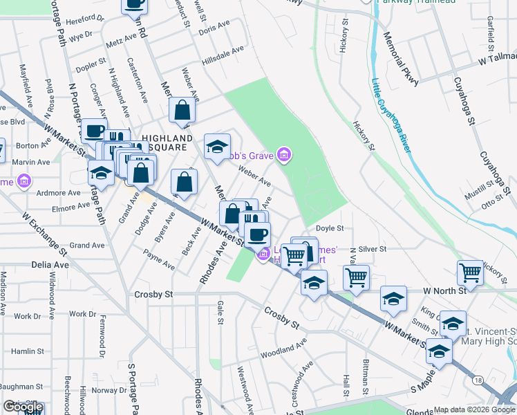 map of restaurants, bars, coffee shops, grocery stores, and more near 64 Mount View Avenue in Akron
