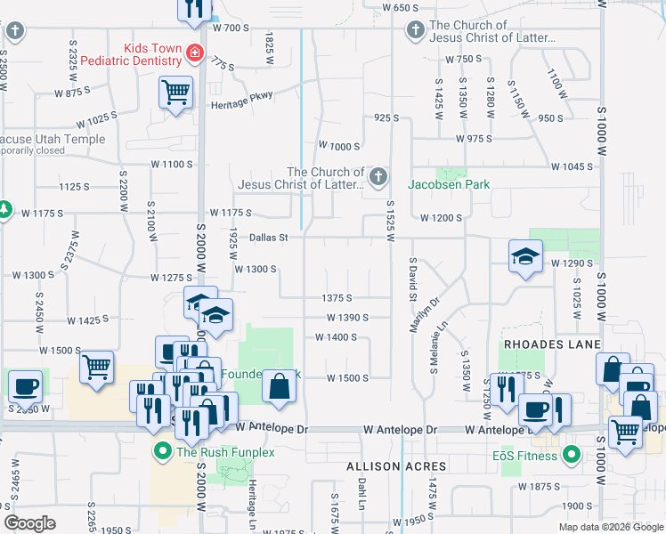 map of restaurants, bars, coffee shops, grocery stores, and more near 1299 South 1700 West in Syracuse