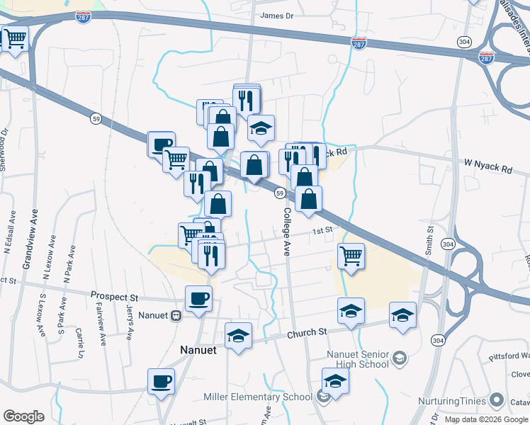 map of restaurants, bars, coffee shops, grocery stores, and more near 25 College Avenue in Nanuet