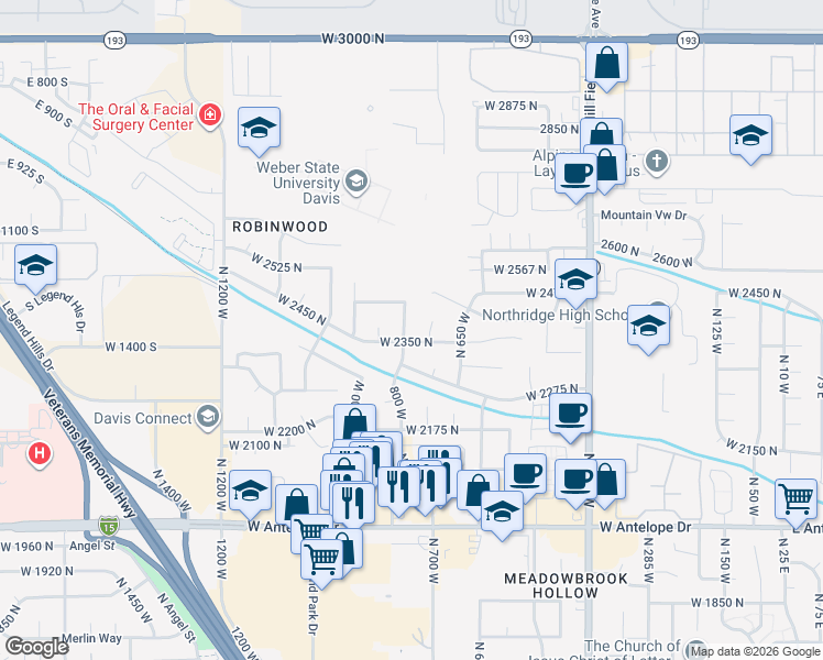 map of restaurants, bars, coffee shops, grocery stores, and more near 2386 North 800 West in Layton
