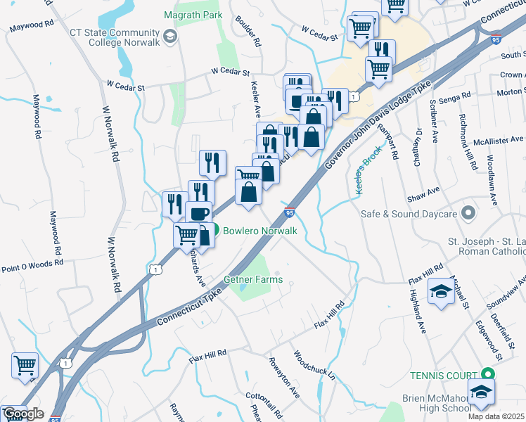 map of restaurants, bars, coffee shops, grocery stores, and more near 50 Keeler Avenue in Norwalk