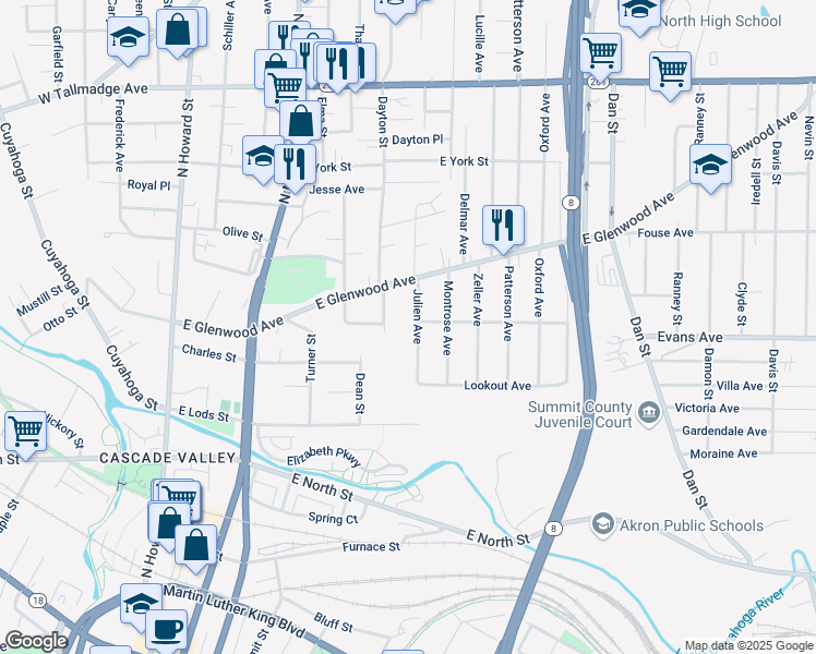 map of restaurants, bars, coffee shops, grocery stores, and more near 369 Dayton Street in Akron
