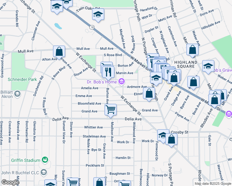 map of restaurants, bars, coffee shops, grocery stores, and more near 1044 West Exchange Street in Akron