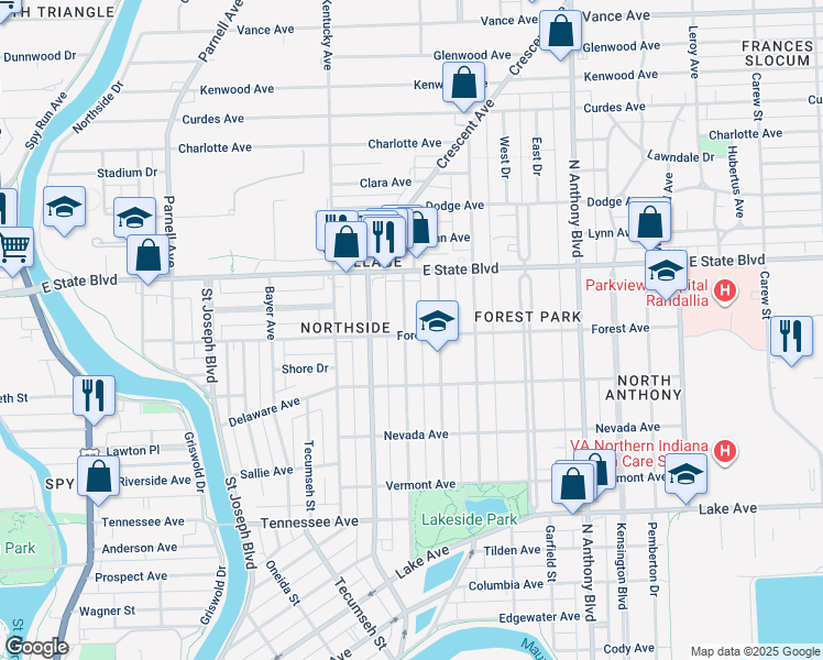 map of restaurants, bars, coffee shops, grocery stores, and more near 2120 California Avenue in Fort Wayne