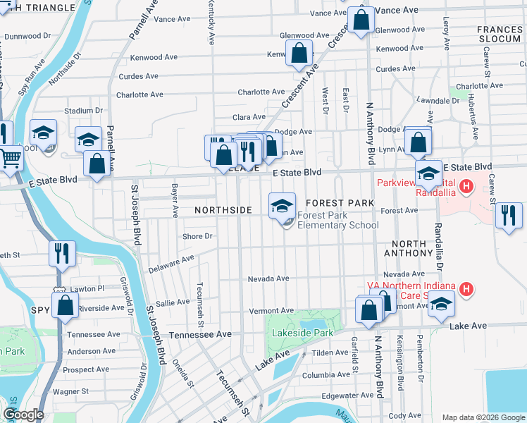 map of restaurants, bars, coffee shops, grocery stores, and more near 2120 California Avenue in Fort Wayne