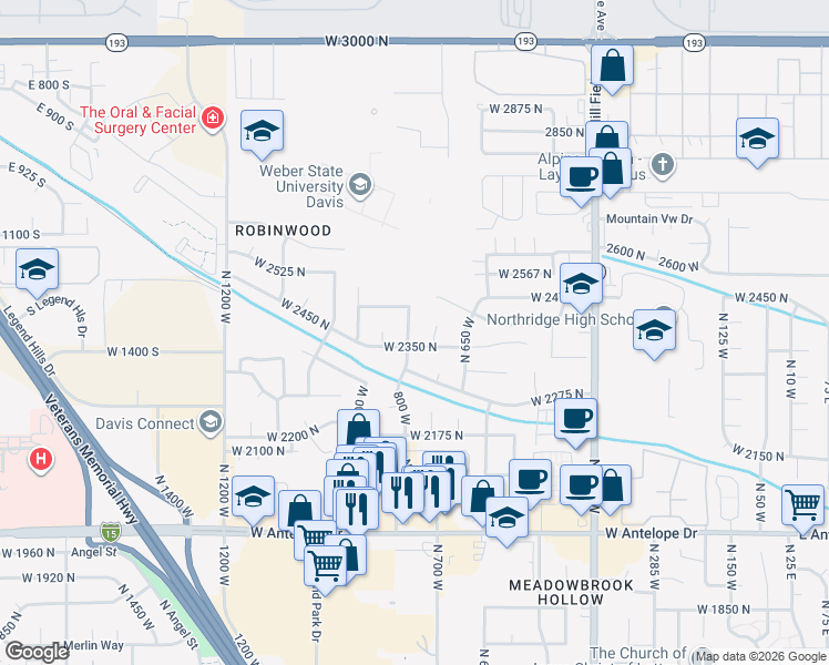 map of restaurants, bars, coffee shops, grocery stores, and more near 2386 North 800 West in Layton