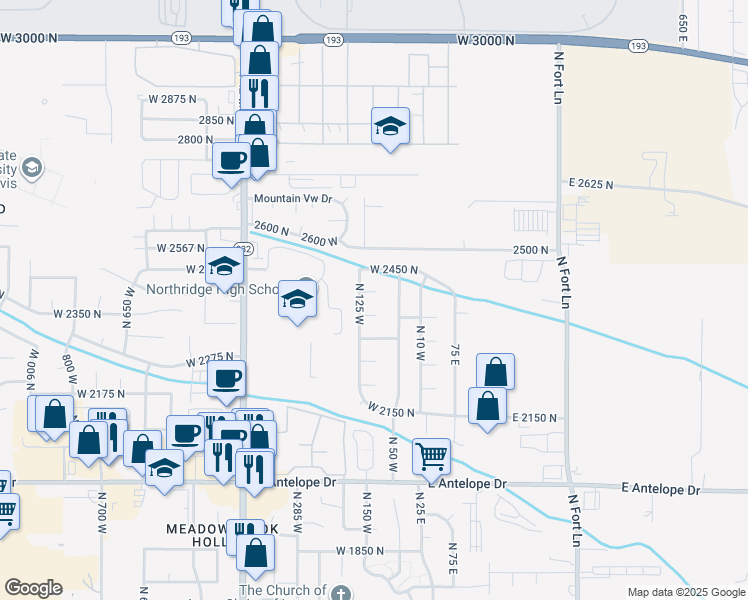 map of restaurants, bars, coffee shops, grocery stores, and more near 95 West 2400 North in Layton