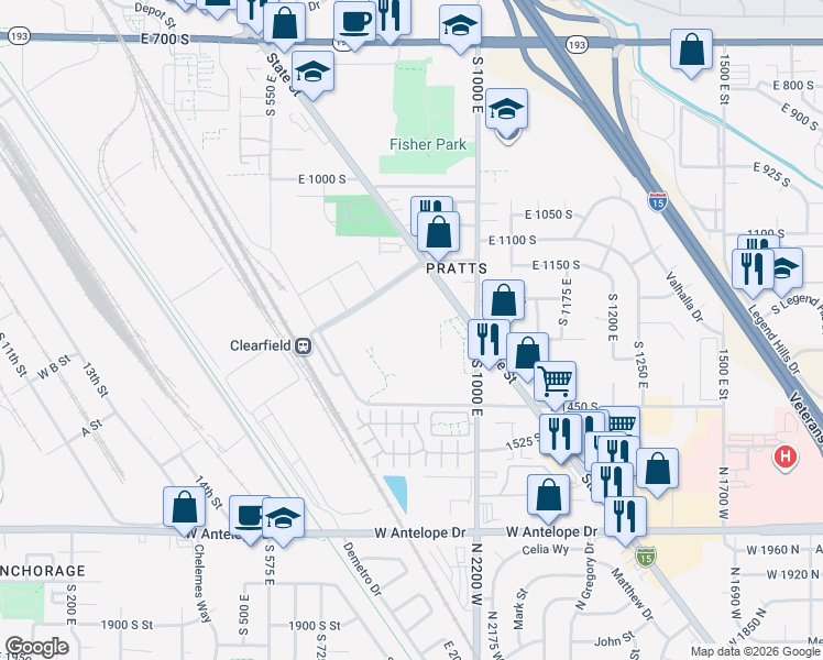 map of restaurants, bars, coffee shops, grocery stores, and more near 894 1350 South in Clearfield