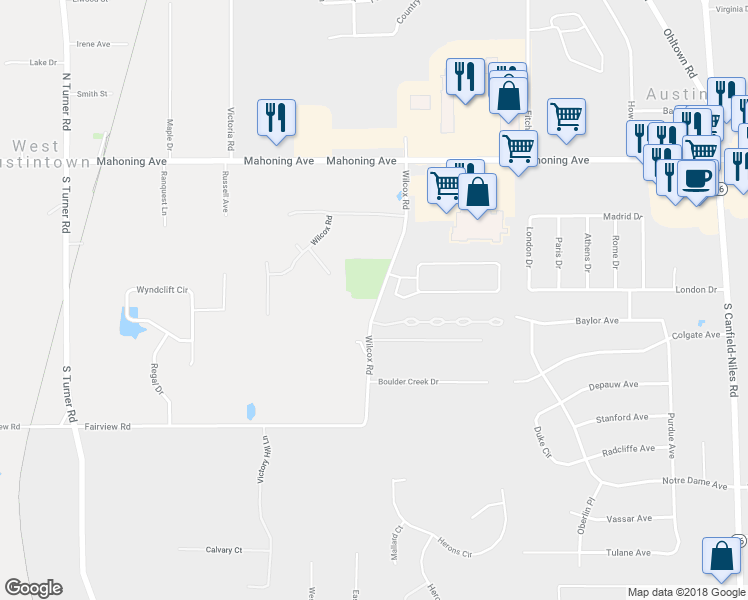 map of restaurants, bars, coffee shops, grocery stores, and more near 452 Wilcox Road in Youngstown