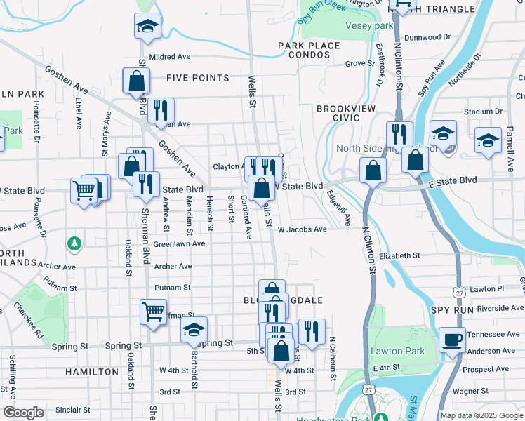 map of restaurants, bars, coffee shops, grocery stores, and more near 2145 Wells Street in Fort Wayne