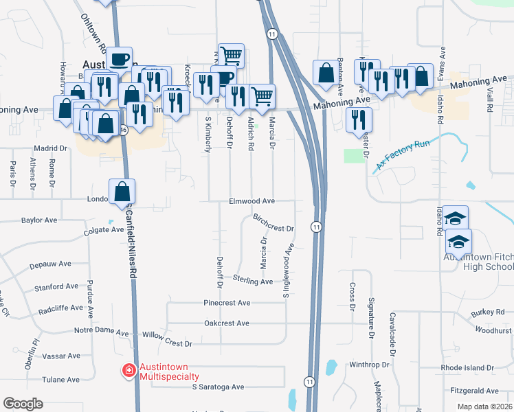 map of restaurants, bars, coffee shops, grocery stores, and more near 175 Aldrich Road in Youngstown