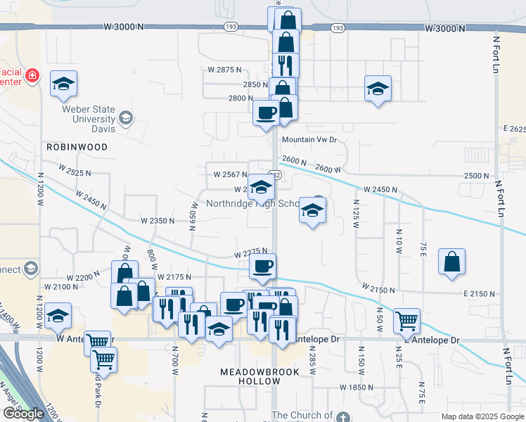 map of restaurants, bars, coffee shops, grocery stores, and more near 2405 North Hill Field Road in Layton