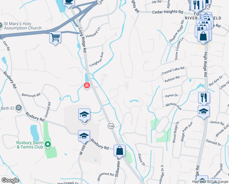 map of restaurants, bars, coffee shops, grocery stores, and more near 77 Barnes Road in Stamford