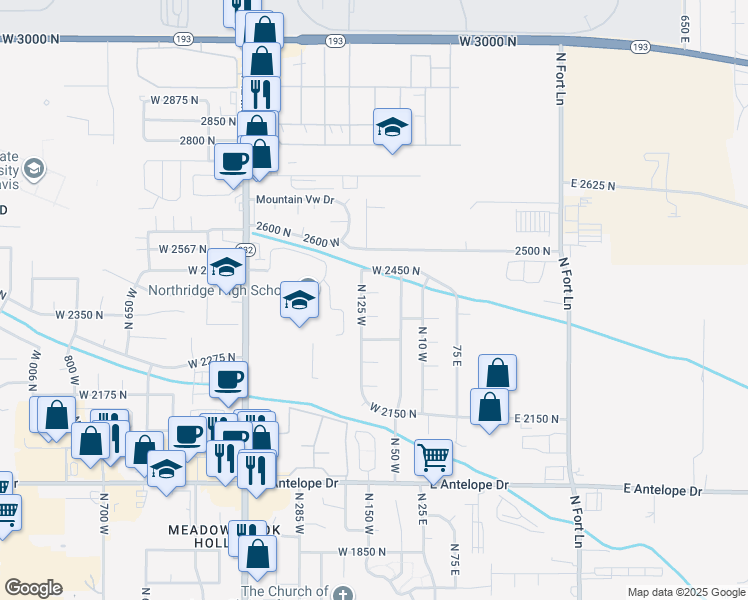 map of restaurants, bars, coffee shops, grocery stores, and more near 95 West 2400 North in Layton