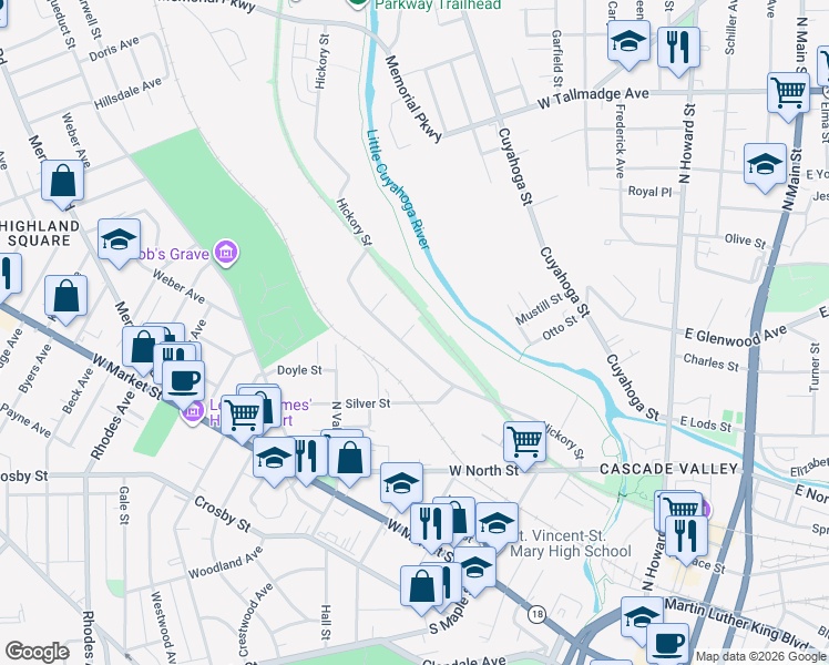 map of restaurants, bars, coffee shops, grocery stores, and more near 403 Hickory Street in Akron