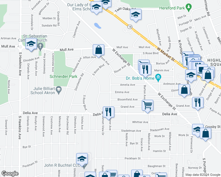 map of restaurants, bars, coffee shops, grocery stores, and more near 270 Storer Avenue in Akron