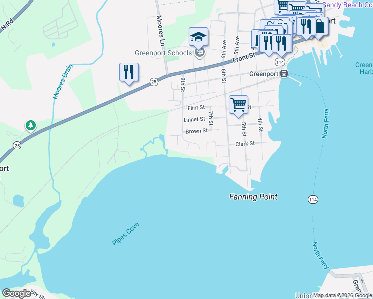map of restaurants, bars, coffee shops, grocery stores, and more near 719 Brown Street in Greenport