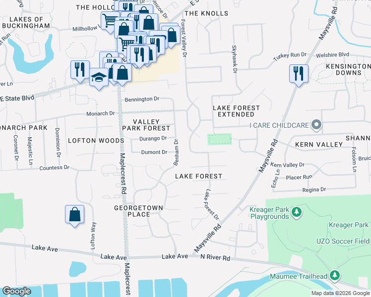 map of restaurants, bars, coffee shops, grocery stores, and more near 1705 Forest Valley Drive in Fort Wayne