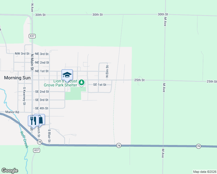 map of restaurants, bars, coffee shops, grocery stores, and more near South Front Street in Morning Sun