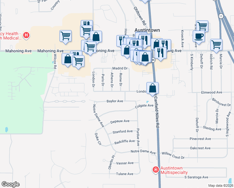 map of restaurants, bars, coffee shops, grocery stores, and more near 5600 London Drive in Youngstown