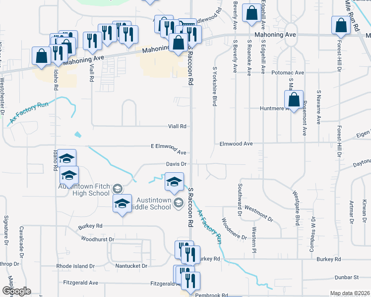 map of restaurants, bars, coffee shops, grocery stores, and more near 310 South Raccoon Road in Youngstown
