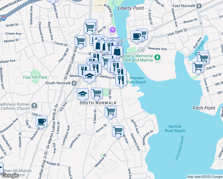 map of restaurants, bars, coffee shops, grocery stores, and more near 30 Day Street in Norwalk