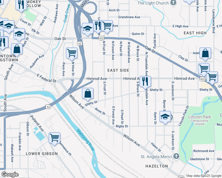 map of restaurants, bars, coffee shops, grocery stores, and more near 30 South Forest Avenue in Youngstown