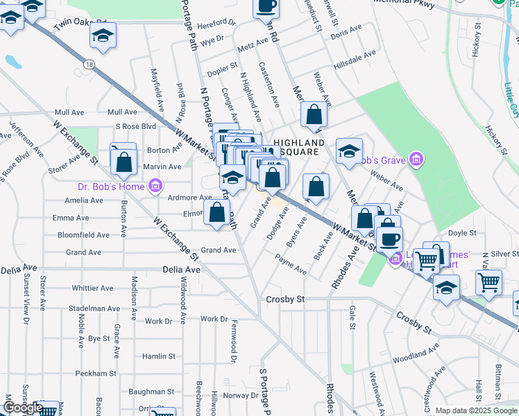 map of restaurants, bars, coffee shops, grocery stores, and more near 22 Grand Avenue in Akron
