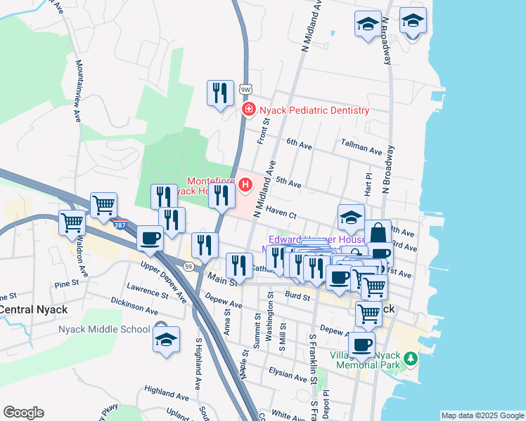map of restaurants, bars, coffee shops, grocery stores, and more near 123 North Midland Avenue in Nyack
